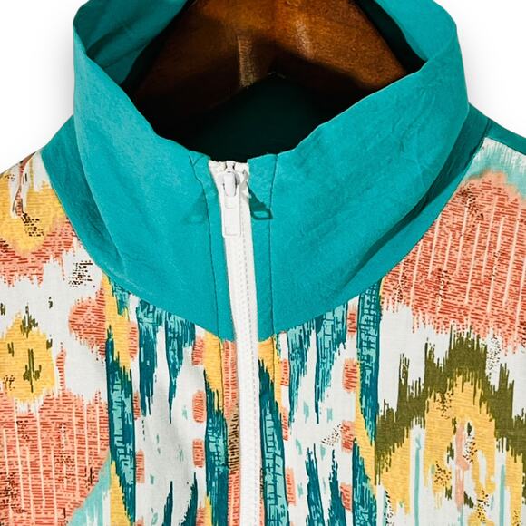 Vintage 80s Windbreaker Jacket Seafoam Green Ikat Print Retro M - Picture 5 of 10